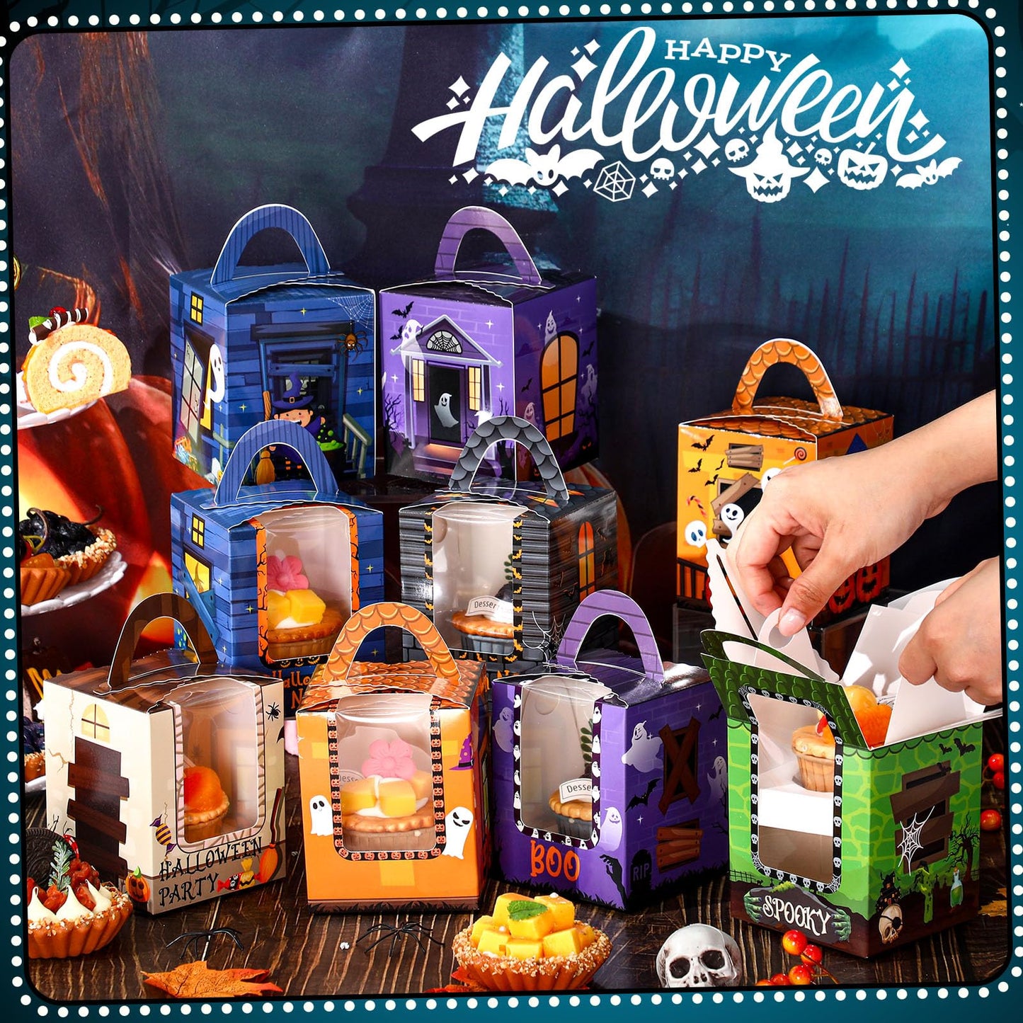 Qeeenar 60 Pieces Halloween Cupcake Boxes Halloween Individual Carriers Party Boxes with Clear Window for Cupcake Candies Gifts Wrap Dessert Table Decoration