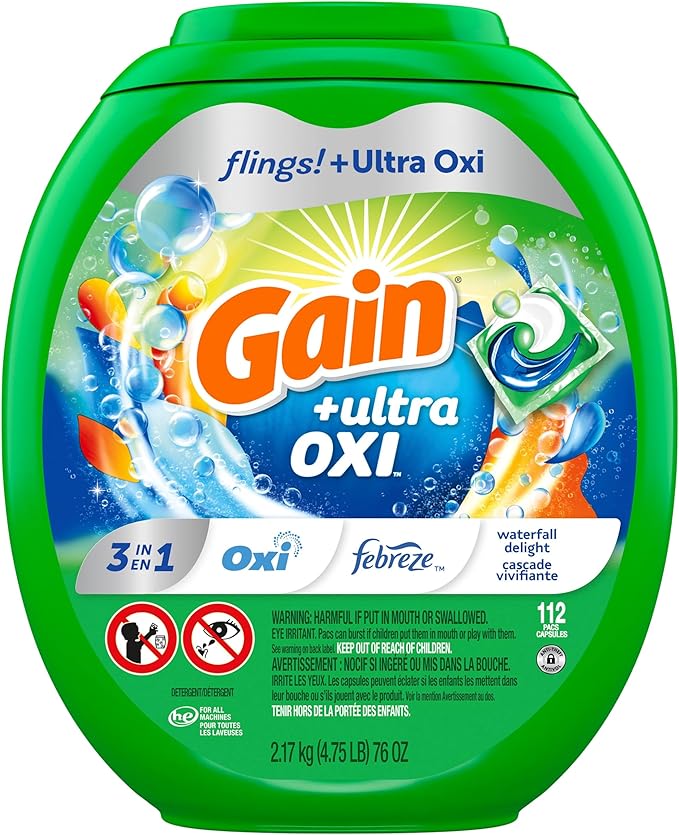 Gain Flings Ultra Oxi Laundry Detergent Pacs, 112 Count, Waterfall Delight Scent, with Odor Defense, concentrated laundry soap pacs