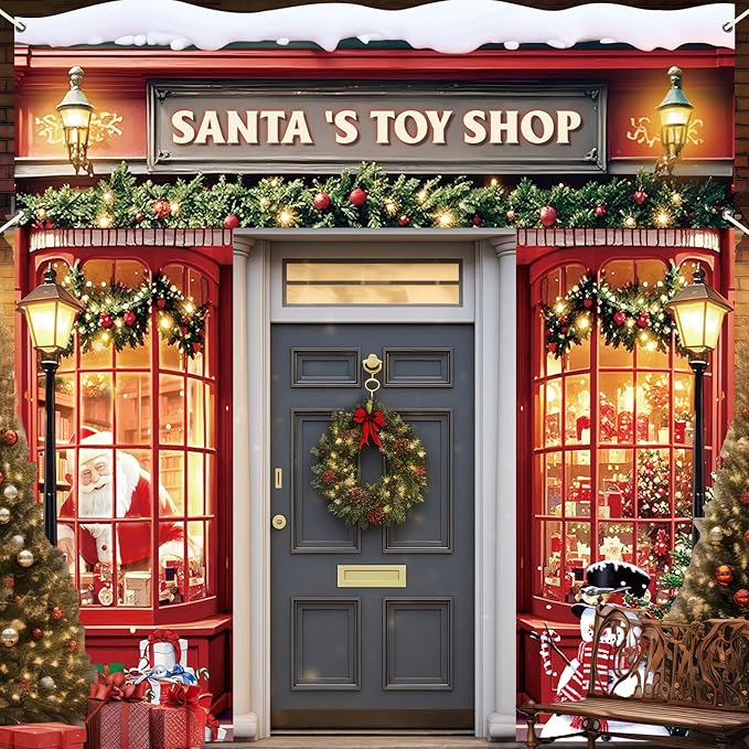 Xmas Santa's Door Cover Christmas Santa's Toy Shop Door Decorations Christmas Party Porch Banner Xmas Hanging Background f...