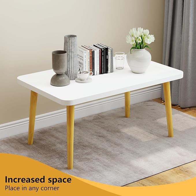 Funecy Coffee Table Low Table with Solid Wood Sturdy Legs, Floor Table Desk for Sitting on The Floor, Storage and Living Room Furniture (White-Square)