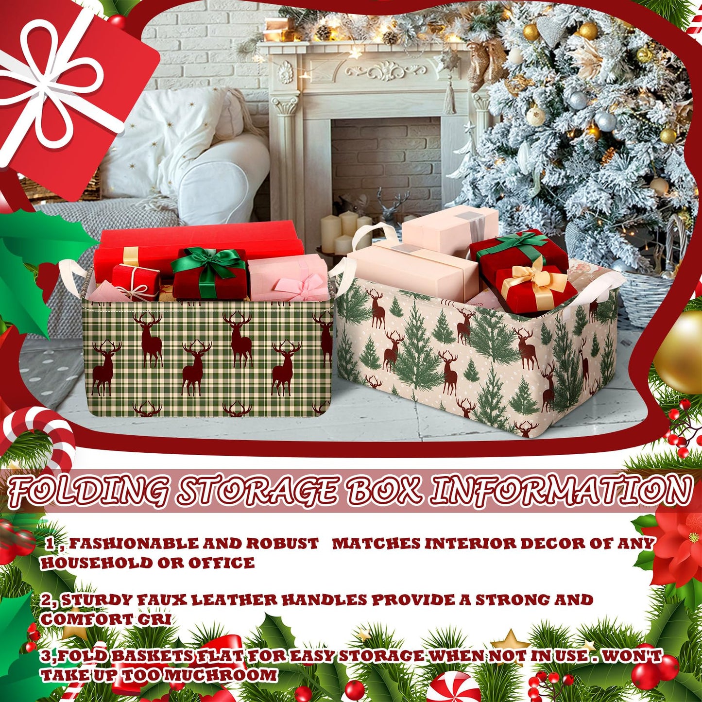 Boao 6 Pack Christmas Storage Bin Collapsible Large Christmas Storage Baskets for Gifts Canvas Laundry Basket Foldable Box with Handle for Office Home Bedroom Clothes