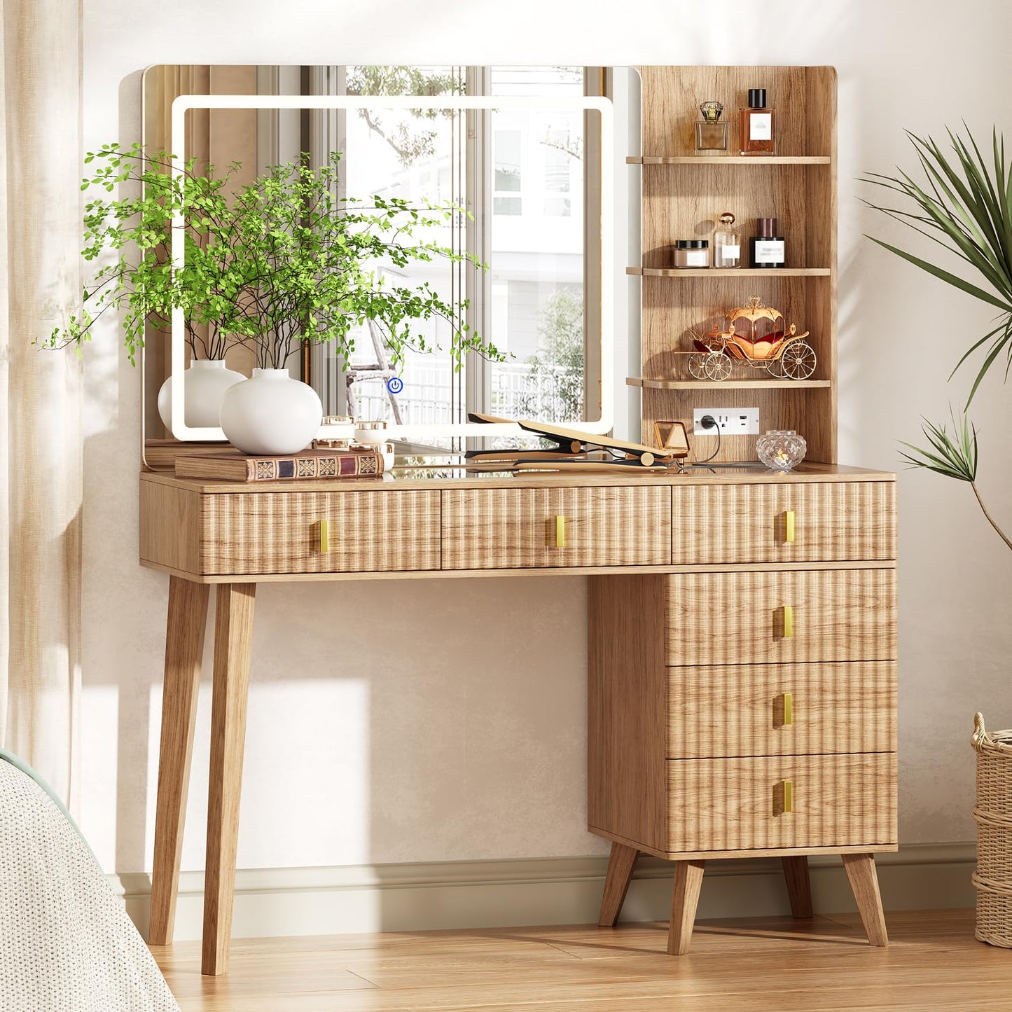 Ieejdn Fluted Makeup Vanity Desk with Large Mirror and Lights,Modern Glass Top Big Vanity Desk with 6 Drawers & Storage Shelves, Vanity Table with Power Outlet, Dressing Table for Bedroom,Oak