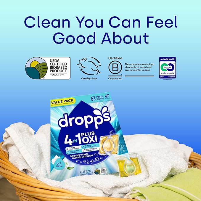 Dropps 4-in-1 Plus Oxi Crisp Breeze Power Biobased Laundry Detergent Pods (63 Pods) - Chlorine-Free Bleach Alternative Biobased Laundry Whitener, Stain & Odor Remover