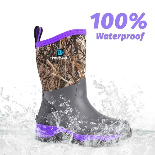 Trudave Rubber Rain Boots for Women, Neoprene Insulated Mud Work Boots, Anti-slip Breathable Mid-calf Womens Waterproof Boots for Garden, Water Fishing, Purple, Size 9