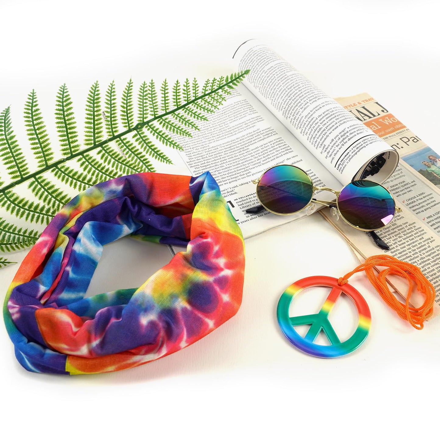 Bombline 4 Pieces Hippie Costume Set,Tie Dye Button Down Shirt Men,Tie Dye Sunglasses Headband,Peace Sign Necklace,70s 80s 90s Outfits for Men, Large