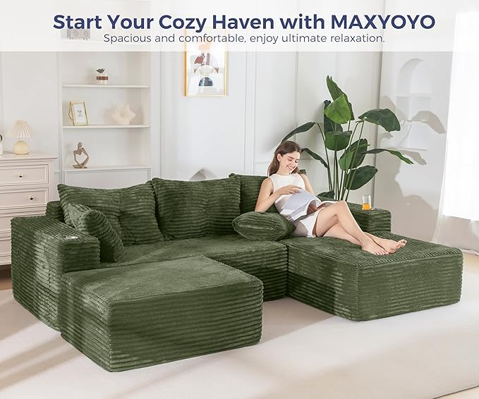 MAXYOYO 104" U-Shaped Modular Sectional Couch, Modern Boneless Couch for Living Room, Sofa in A Box, Oversized Sofa Sleeper with Deep Seat, No Assembly Required, Green