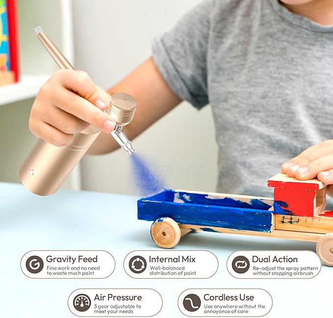 Airbrush Kit with Compressor 30PSI Portable Airbrush Gun Rechargeable Handheld Cordless Air Brush for Nails Art, Painting, Cake Decor, Cookie, Mode, Makeup, Barber (Gold)