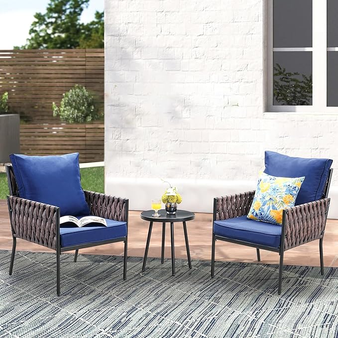 SunloungeCo Patio Furniture Set, 3-Piece Wider Outdoor Metal Seating Sofa with High Back, Coffee Ta ble, All Weather Rattan Conversation for Garden,Backyard, Poolside-Navy
