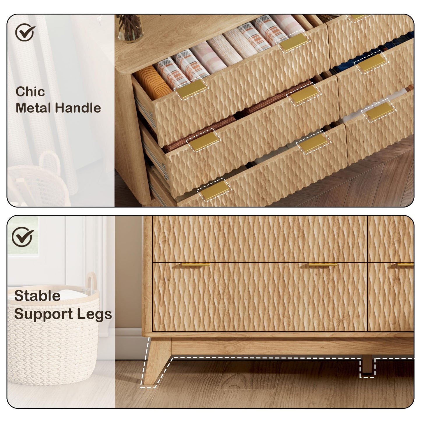 Cooday Fluted 6 Drawers Dresser, Modern Dressers & Chests of Drawers, 54" Wide Light Wood Dresser for Bedroom, Storage Cabinet Organizer for Hallway(Natural Oak)