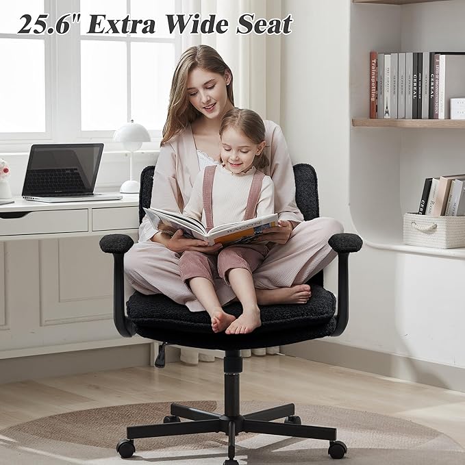 Kassipo Criss Cross Legged Office Chair with Wheels and Flip-Up Arms, Upholstered Criss Cross Desk Chair, Wide Seat Chairs for Home Office, Vanity, Apartment, Black