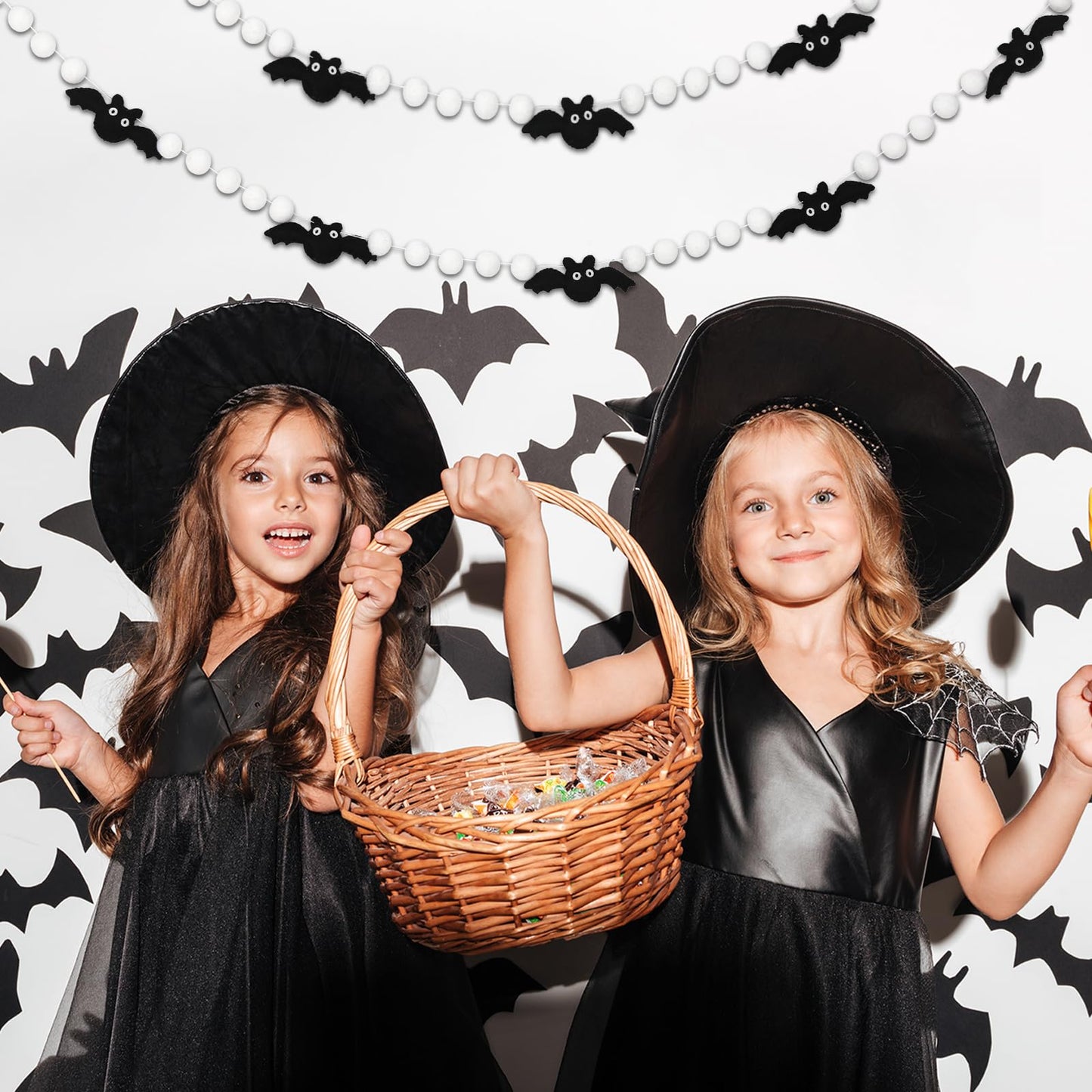 AnyDesign 8.2Ft Felt Garland with 3D Black Bats, White Pom Pom Balls - Halloween Banner for Home Decoration