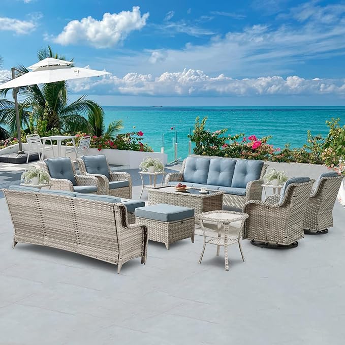 Belord Wicker Patio Furniture Sets - 13 Piece Outdoor Rattan Furniture Conversation Sets with 4 Swivel Rocker Chairs, 2 Rattan Sofas, Wicker Ottomans and Coffee Table, Light Grey/Baby Blue