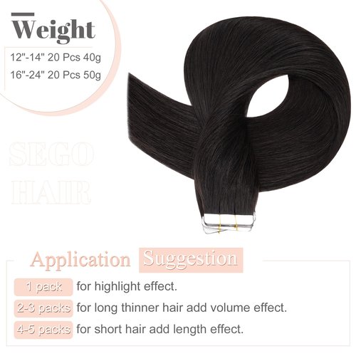 SEGO Tape in Hair Extensions Human Hair 18 Inch 100g 40pcs Natural Straight 100% Remy Rooted Seamless Skin Weft Invisible Double Sided Tape Hair for Women-Natural Black
