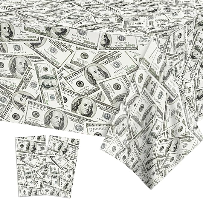 2 PCS Dollar Party Tablecloths, 87" Lx51 W Rectangular Plastic Table Covers, Birthday Party Disposable Tablecloths Party D...