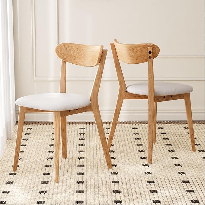 Grewood 100% Solid Oak Wood Dining Chairs,Mid Century Modern Dining Chairs with Upholstered Cushion,Kitchen,Dining Room Chairs Set of 2 (2, Original Color White Upholstery)