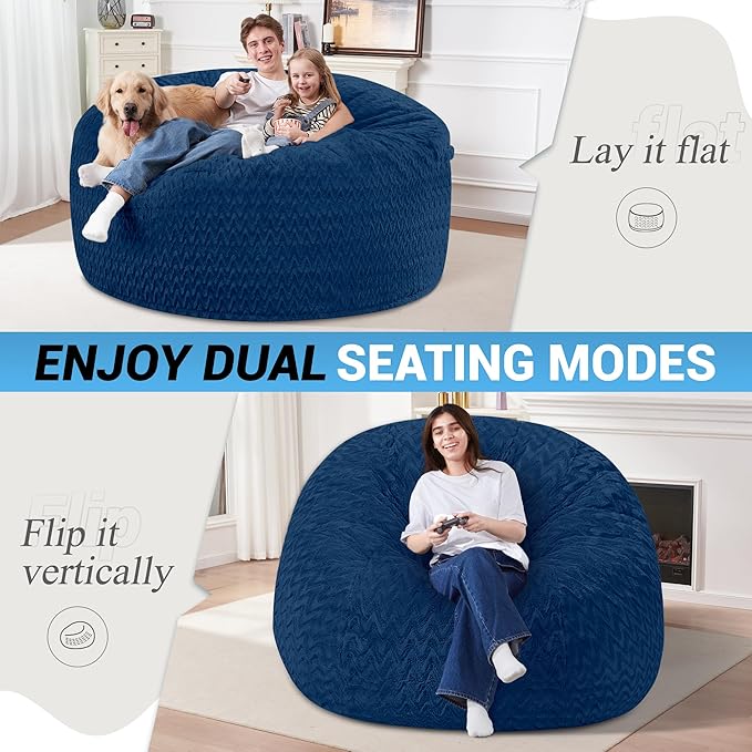 5FT Bean Bag Chair,Giant Bean Bag Chairs for Adults,Big Bean Bags with Memory Foam Filled, Large Beanbag Chairs with Chevron Plush Cover-Blue