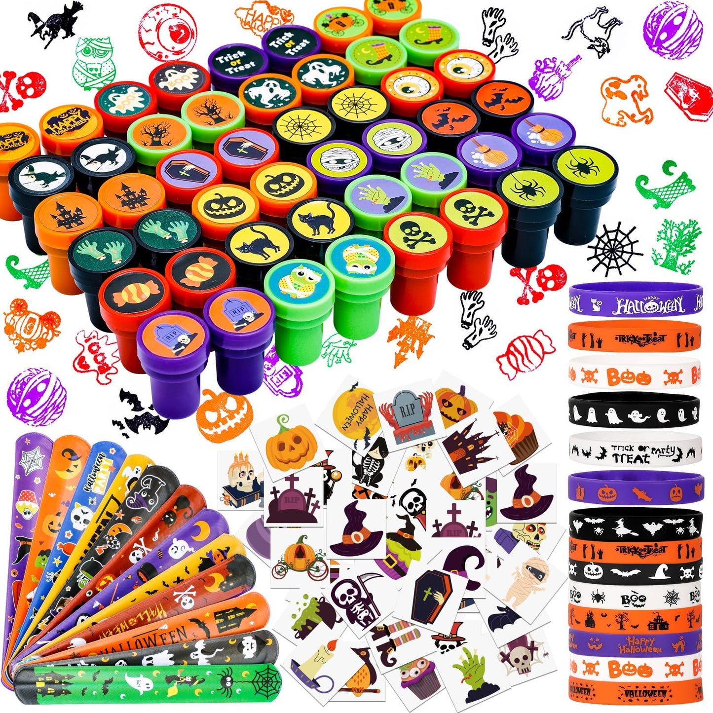 Halloween Party Favors for Kids Toys 264pcs Halloween Prizes Bulk for Kids, Goody Bag Fillers including Stamper Tattoos Slap Bracelets Rubber Bracelets Treats Non Candy Party Supplies