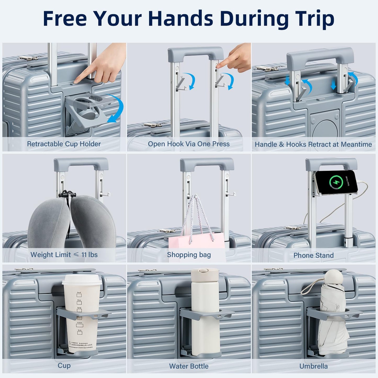 HanTrip Hard Shell Suitcases Airline Approved 20 Inch Carry on Luggage with Wheels, Expandable Travel Luggage with Cup Holder Charger Built in Lightweight Small Suitcase, Silver