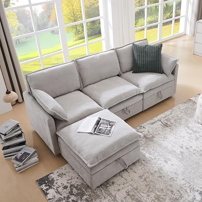 85.83" Sectional Couches for Living Room, Cloud Couch Sectional with Large Storage Ottoman, L-Shape Modular Sectional Sofa with 5 Seater Chenille Sofa and Pillow for Apartment, Bedroom, Light Gery