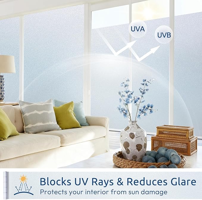 rabbitgoo Frosted Glass Window Privacy Film, No Glue, Anti-Glare Heat Blocking, Easy to Install, Renter Friendly Removable Opaque Bathroom Window Clings for Glass, 23.6 by 78.7 inch