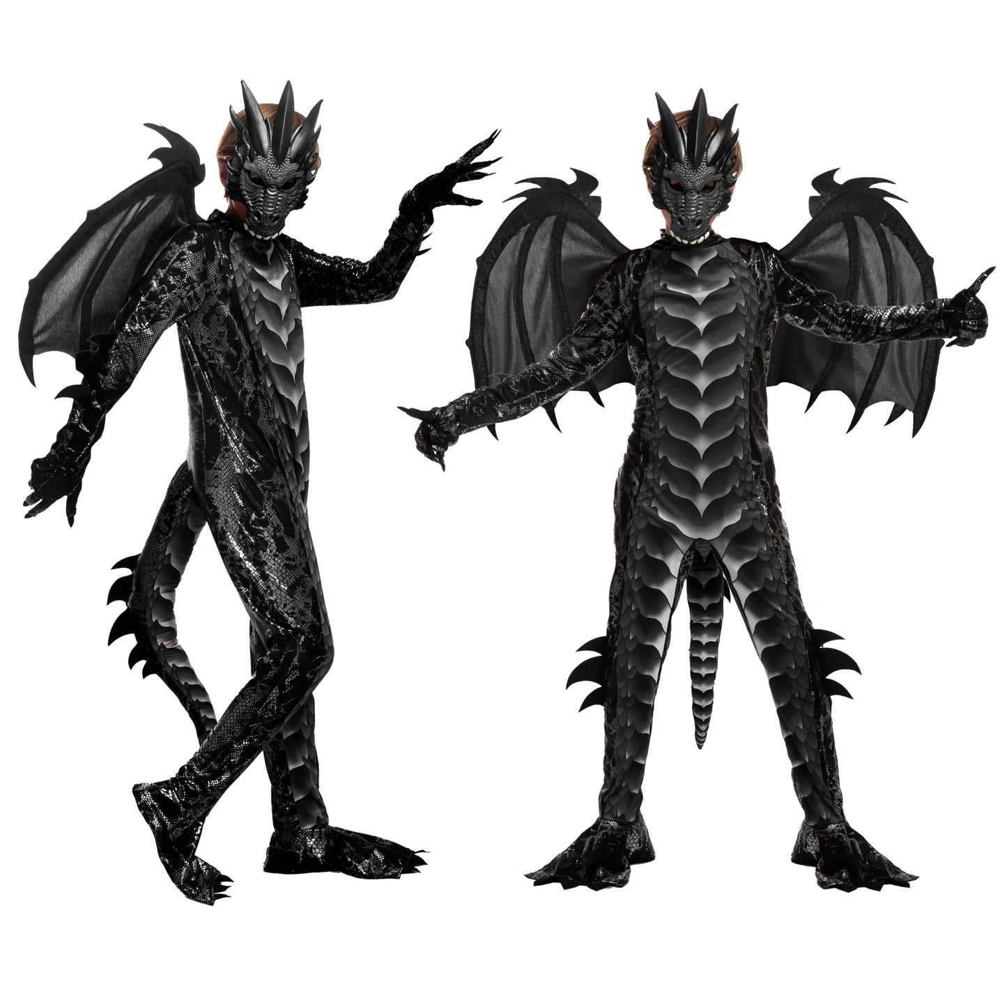 Spooktacular Creations Halloween Kids Dragon Costume, Dark Jumpsuit, Boys Dragon Wings, Tail and Mask Set for Halloween Dress Up-S