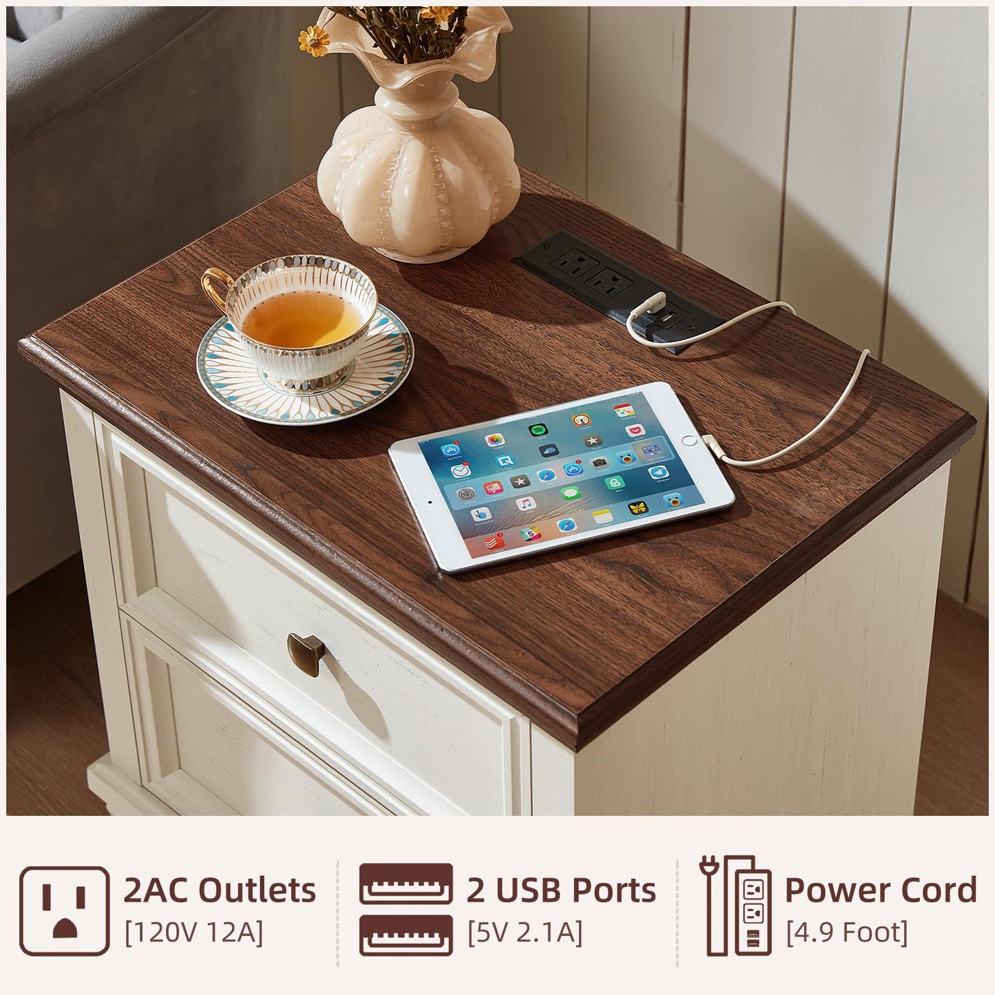 SAVOR LIFE Farmhouse Nightstand Set of 2, Rustic Low Nightstands with 2 Drawers & Charging Station, Vintage Night Stands with 4 Square Solid Wood Legs, Small Dresser for Bedroom, Home, White