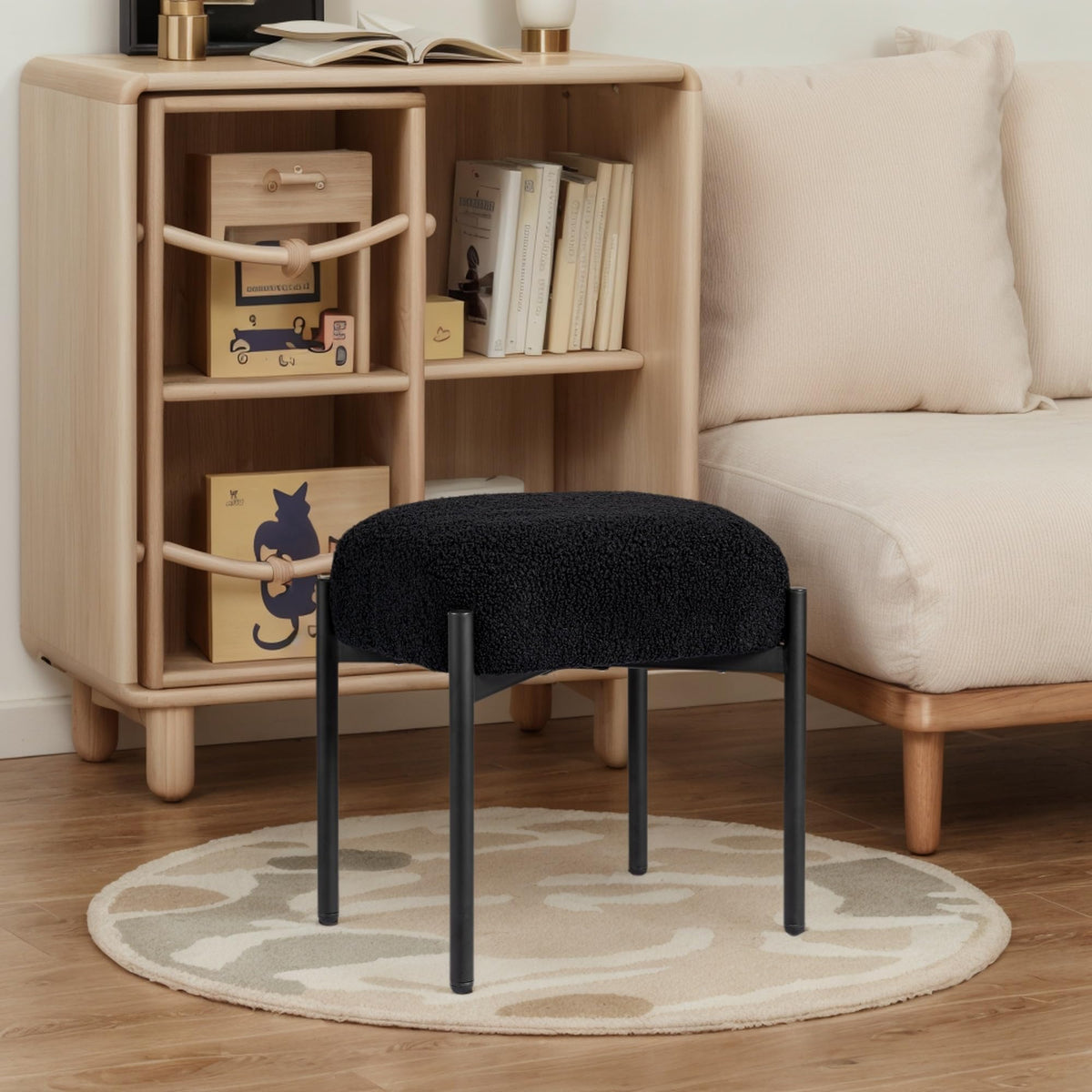 MOOWIND Vanity Stool Chair Faux Fur, 16.3"L x 12.8"W x 17.3"H Soft Ottoman, Makeup Chair Bench Furry Padded Seat with 4 Metal Legs, Footstool Multifunctional Chairs for Bedroom, Living Room, Black
