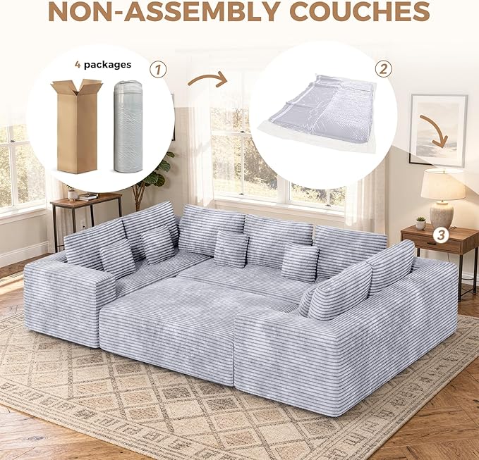136'' Large Sectional Cloud Couches with Chaise, U Shaped Boneless Sofa Bed with Ottoman, No Assembly Required Deep Seat Modular Lounge for Living Room 4PCS Set, Bedroom(Light Grey)
