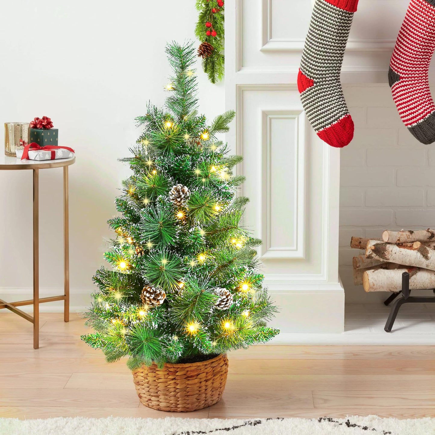 Joyhalo 3FT Christmas Tree Table Top, Small Pre Lit Christmas Tree, Artificial Xmas Tree with 135 Branches 50 Lights Battery Powered, Outdoor Christmas Tree for Apartment Office Holiday Party Decor