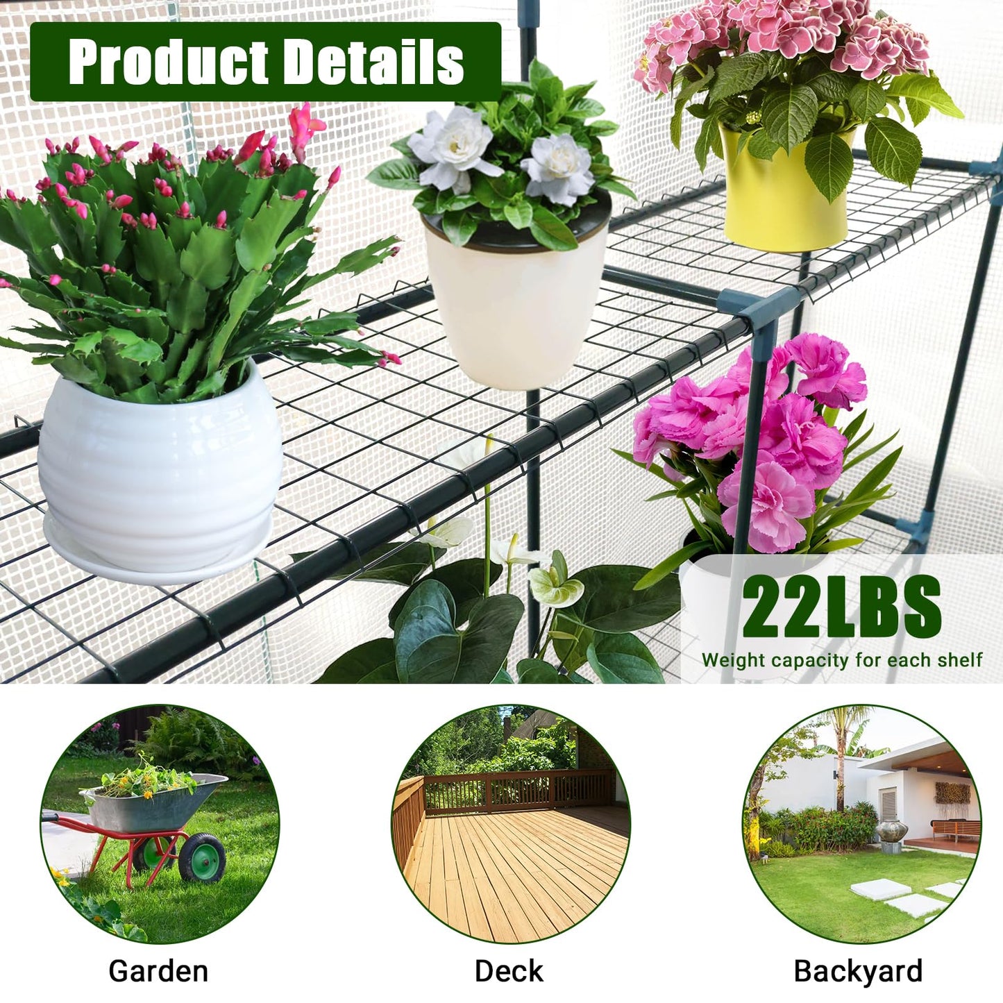Garvee Walk-in Greenhouse for Outdoors,57 x 85 x 76'' Protected Plant Garden Hot House with Roll-Up Zippered Door,3-Tier 12 Shelves Green House for Patio Backyard