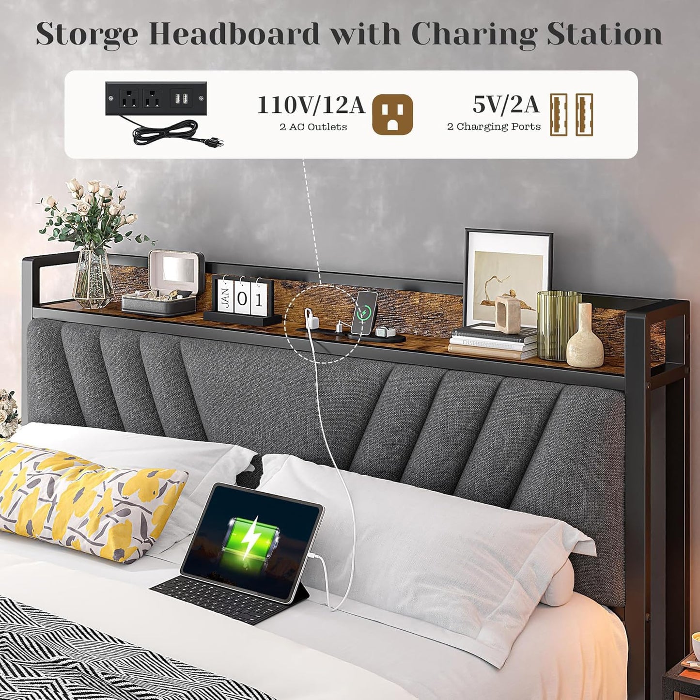 Homkdom Queen Bed Frame with Headboard, Bed Frame Queen Size with Charging Station, Metal Platform with Under Bed Storage, No Box Spring Needed, No Noise, Easy Assembly