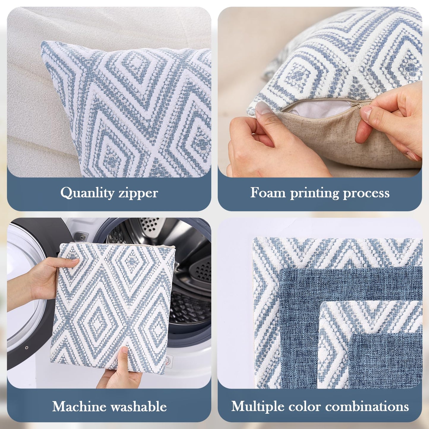 HPUK Decorative Throw Pillow Covers Set of 4 Square Couch Pillows Linen Cushion Cover for Couch Sofa Living Room, 18"x18" inches, Blue