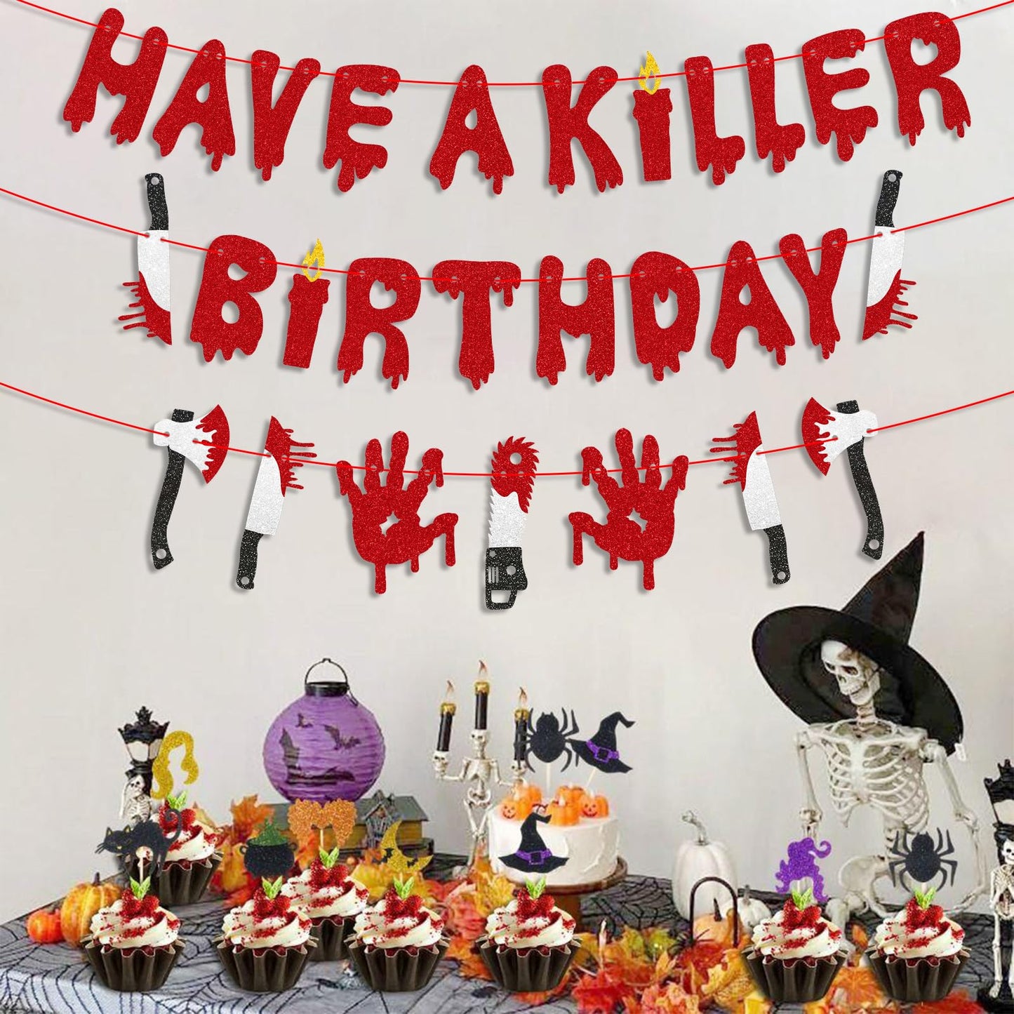 Stcomart Pre-Strung 6ft Glitter Have a Killer Birthday Banner for Halloween Birthday Party Decorations, Scary Bloody Halloween Decorations, Red