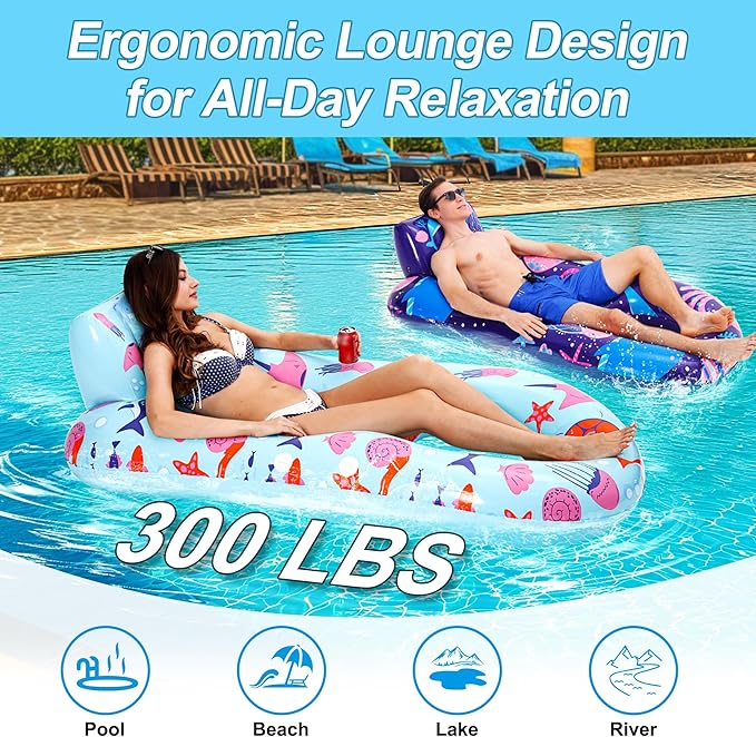 PuppyuWill 4 Pack Pool Floats Adult,Inflatable Pool Lounger Float Heavy Duty with Cup Holder, Backrest & Footrest Pool Lounge Float Extra Large Pool Rafts for Adults Beach Lake Party