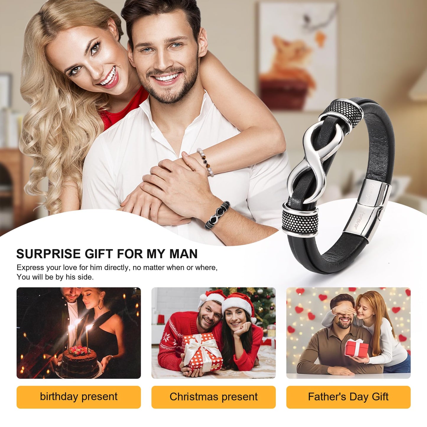 HSM Gifts for Men – Premium Leather Bracelet for Men with Infinity Symbol & Engraved 'Love You Forever' – Stylish & Mens Bracelet for Husband, Boyfriend, Gift Box Included