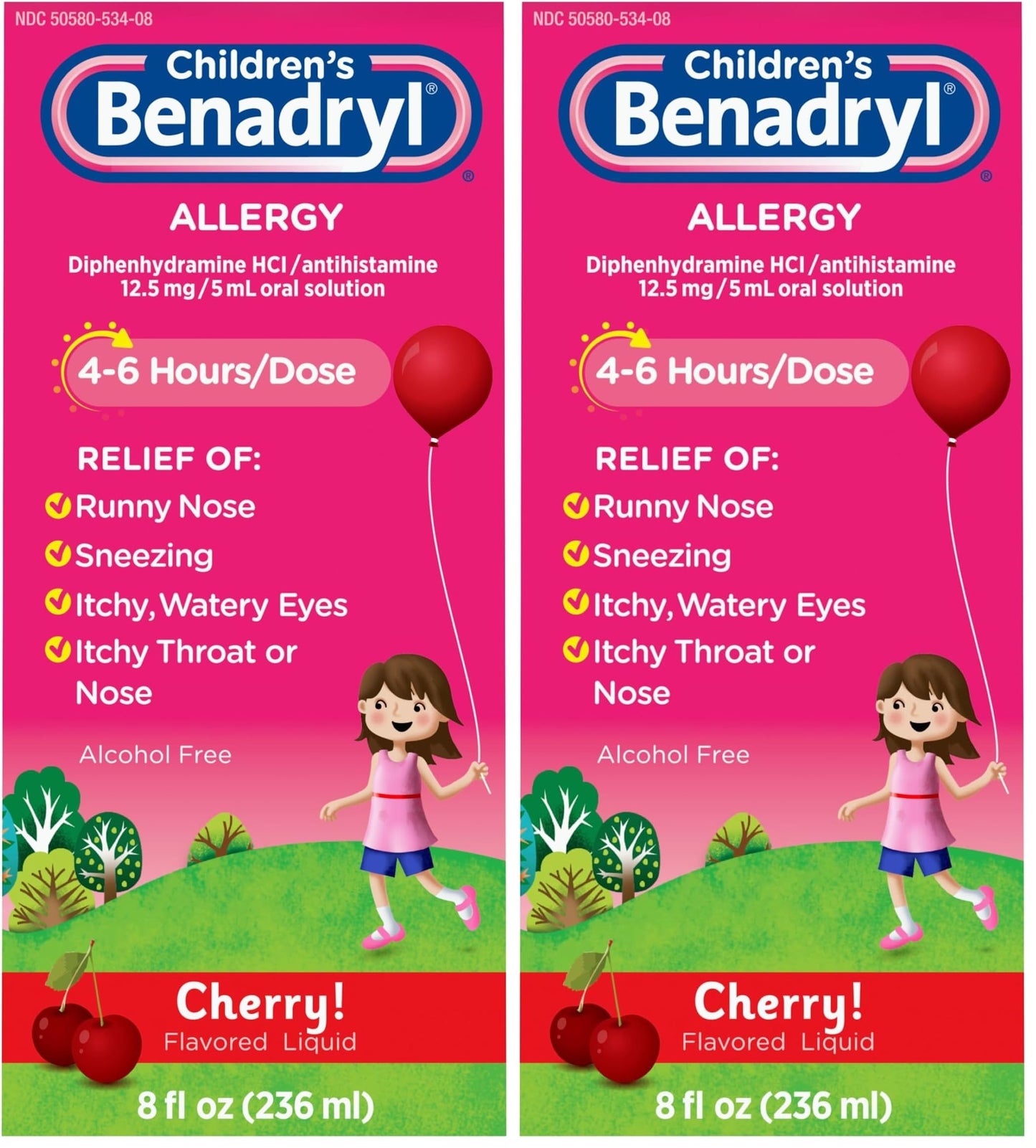 Benadryl Children's Allergy Relief Liquid Medicine with Diphenhydramine HCl Antihistamine for Kids' Allergy Relief, Effective Allergy Relief, Cherry Flavor, 8 fl. oz (Pack of 2)