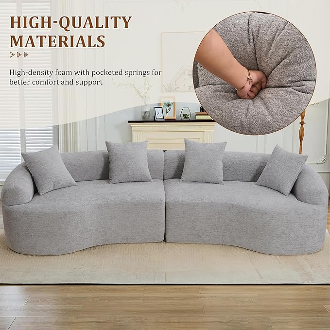 110" Oversized Modern Curved Cloud Sectional Sofa, Luxury Plush Chenille 4-Seater Deep Wide Seat Couch with 4 Pillows, No Assembly Needed Apartment Living Room Furniture, Beige