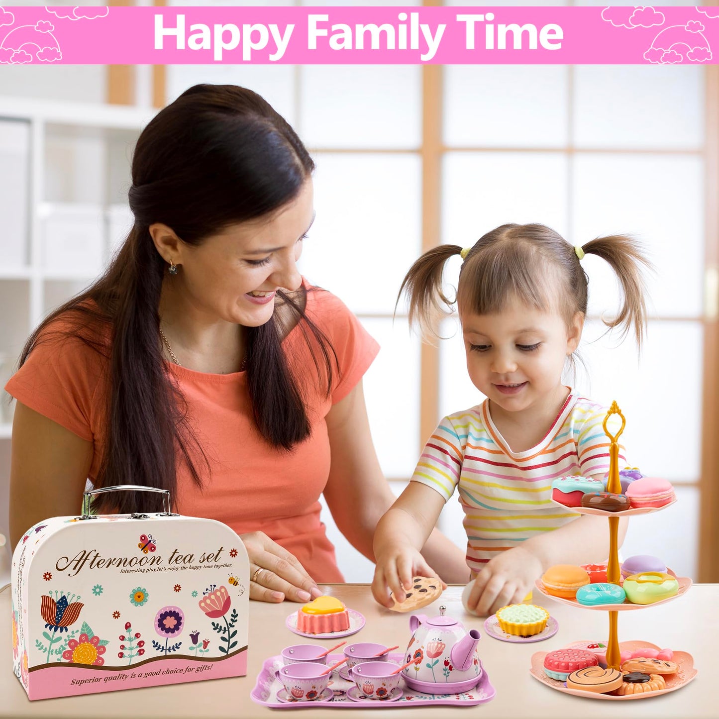 Tea Party Set for Little Girls, 48PCS Princess Tea Time Toy Playset, Kitchen Pretend Play Include Teapot Dishes Dessert & Carrying Case, 3 Year Old Girl Gifts(Flower Design)