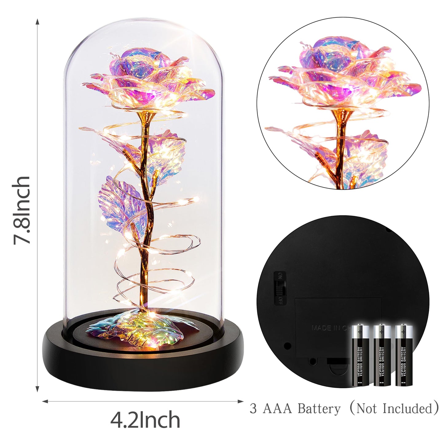 Childom Birthday Gifts for Women,Flowers for Delivery Prime,Colorful Rainbow Light Up Rose in A Glass Dome,Christmas Rose Gifts for Her Mom Women Wife Girl Grandma on Christmas Anniversary Valentines