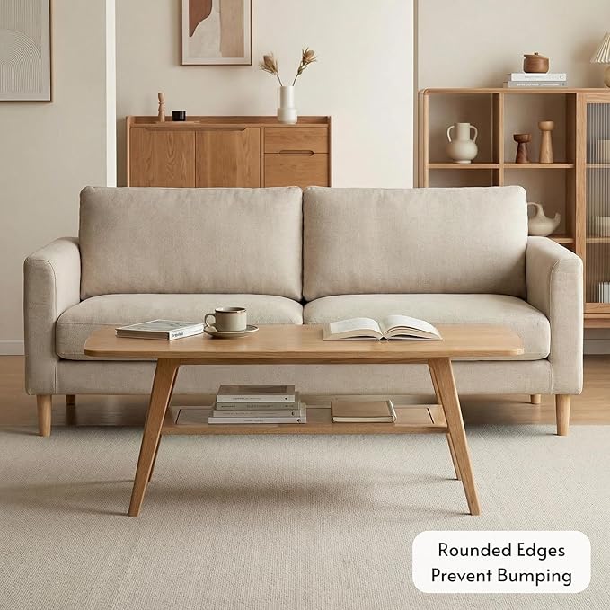 Hymus Wood Coffee Table - 100% Solid Wood- 2-Tier Coffee Table with Storage for Living Room, Eco-Friendly Finish, Easy Assembly (Natural, 47.24" D x 22.04" W x 17.32" H)