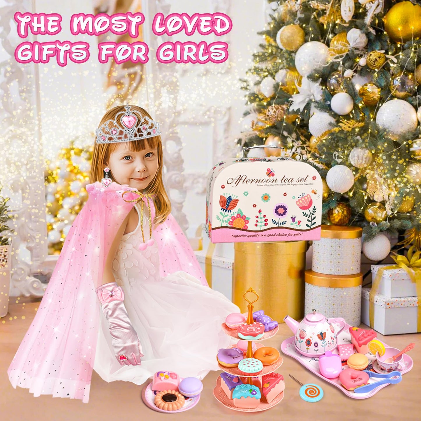 Tea Party Set for Little Girls: 63Pcs Pretend Play Toys, Princess Dress Up Tea Time, Tin Tea Sets for Toddlers 3-5 6 with Dessert, Carrying Case, Kids Kitchen Playset, Birthday Gift for Toddler Girls