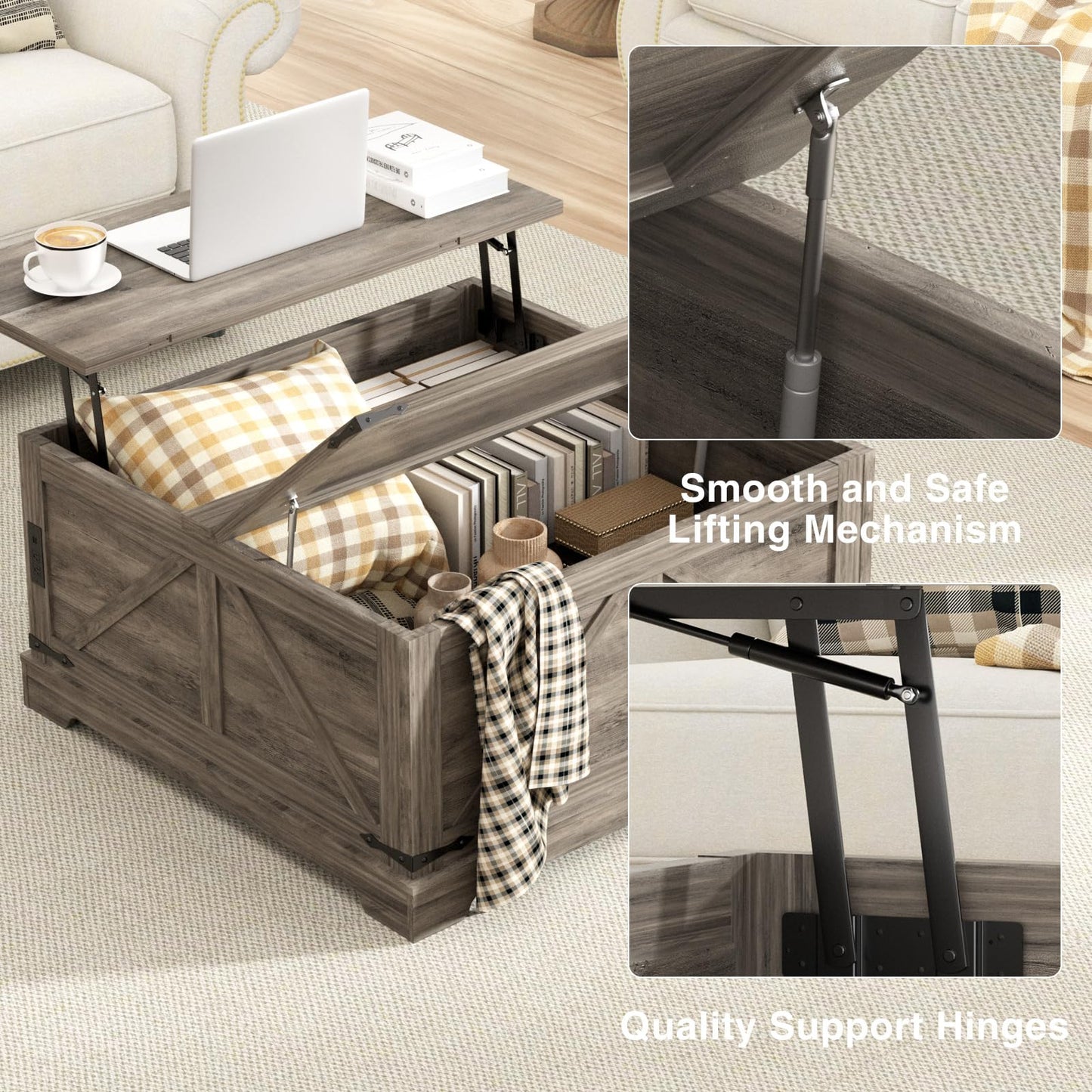 Coffee Table with Storage, 31.5" W Farmhouse Lift Top Wood Square Center Table with Charging Station, Rustic Cocktail Tables with Flip Top Lids for Living Room, Home Office, Grey