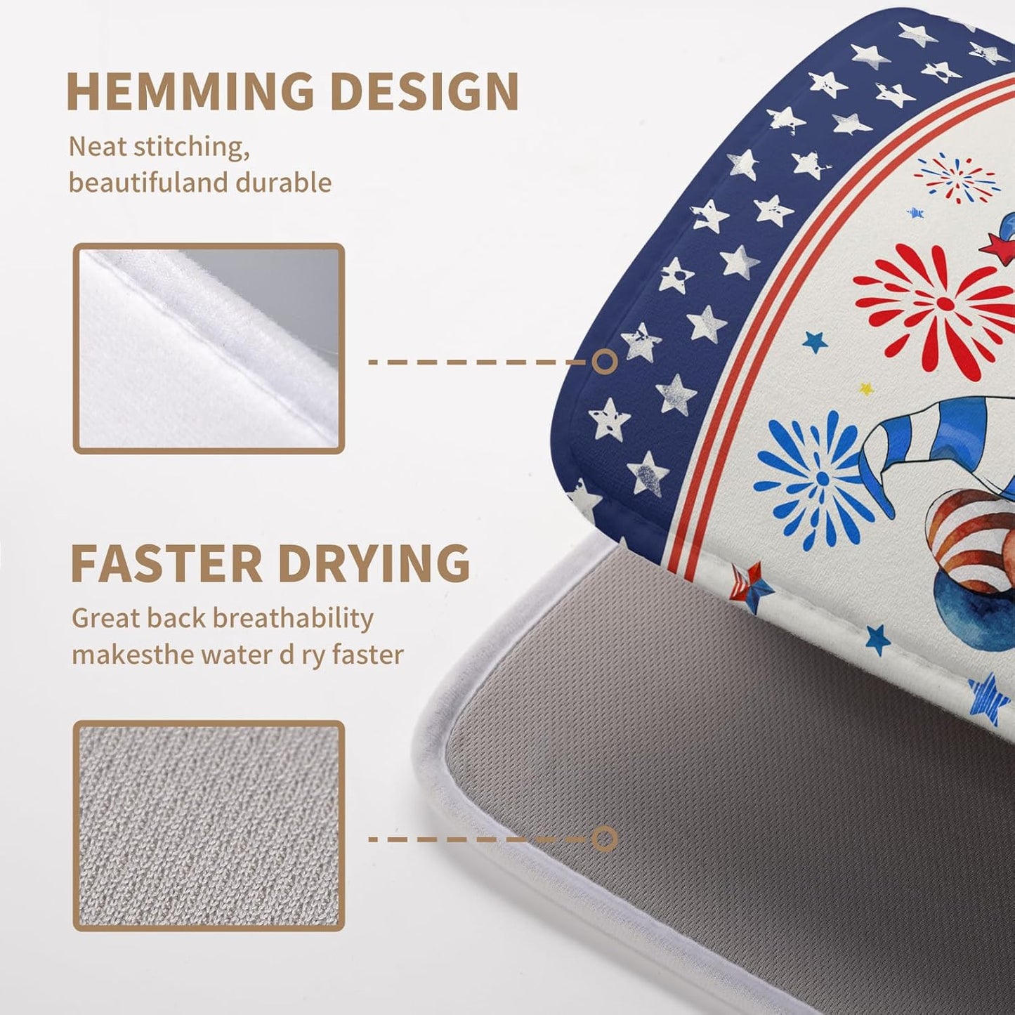 Patriotic Gnome Drying Mat 16x18 Inch American Memorial Day Independence Day Microfiber Dish Drainer Super Absorbent Dish Rack Mat for Kitchen Counter Holiday Decor