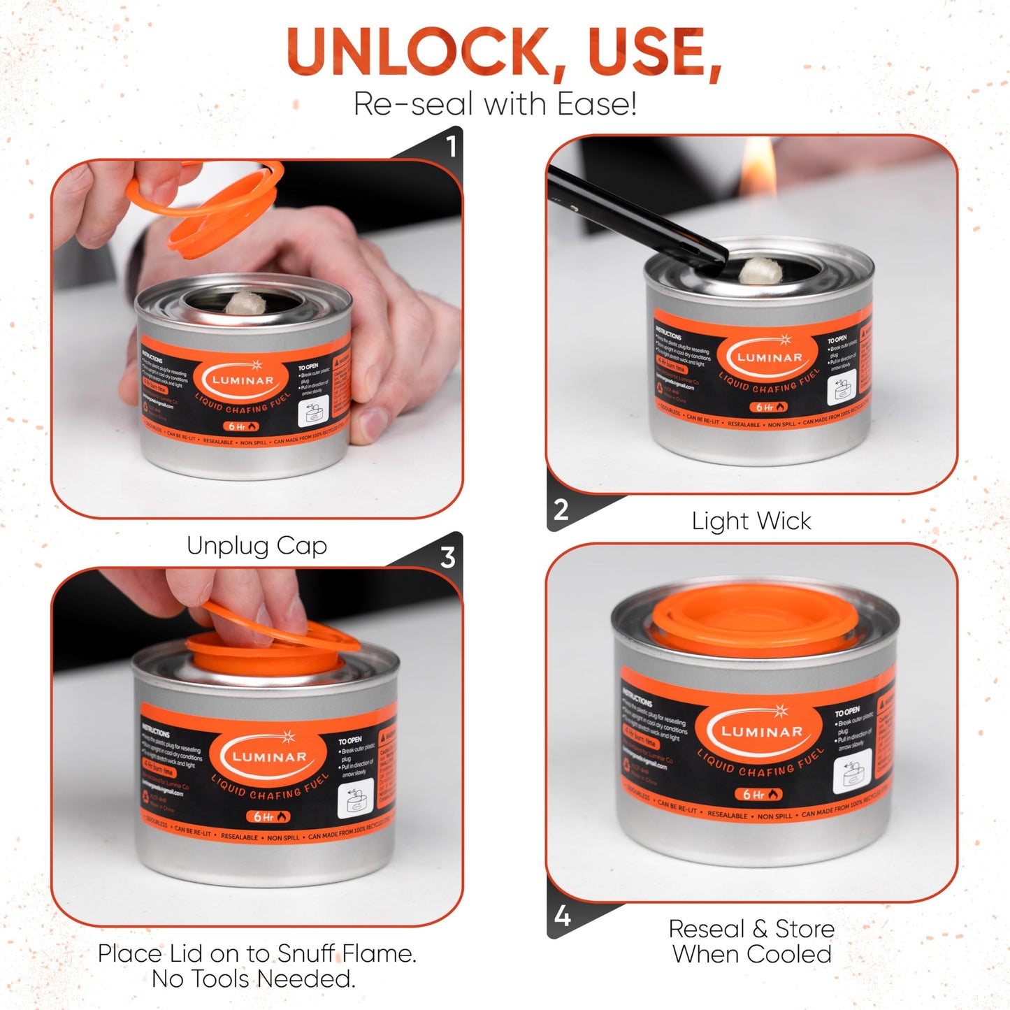 Luminar Resealable-Wick Chafing Fuel Cans, 12 Pack, 6 Hour - Premium Quality Burners for Food Warmers - No More Spills, Waste, or Hassle - Perfect for Convenient, and Long-Lasting Event Catering