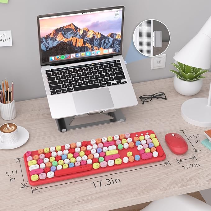 UBOTIE Colorful Computer Wireless Keyboard Mouse Combos, Typewriter Flexible Keys Office Full-Sized Keyboard, 2.4GHz Dropout-Free Connection and Optical Mouse (Red-Polychrome)