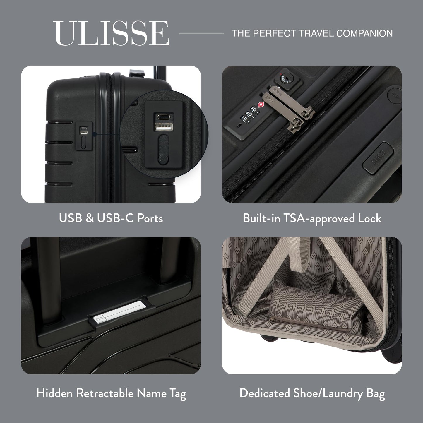 Bric's B|Y Ulisse Carry-On Luggage with Spinner Wheels – Airline Approved Hard Shell Suitcase, TSA Combination Lock & USB Port - Removeable Wash Bag Included - 21 Inch, Black