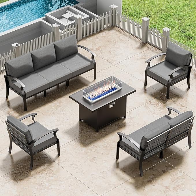 RTDTD Aluminum Outdoor Patio Furniture Set,5 Pieces 7 Seats Patio Conversation Sets with 45" Propane Fire Pit Table,Metal Patio Sectional Furniture Set w/5.1" Cushions for Porch,Deck,Backyard,Grey