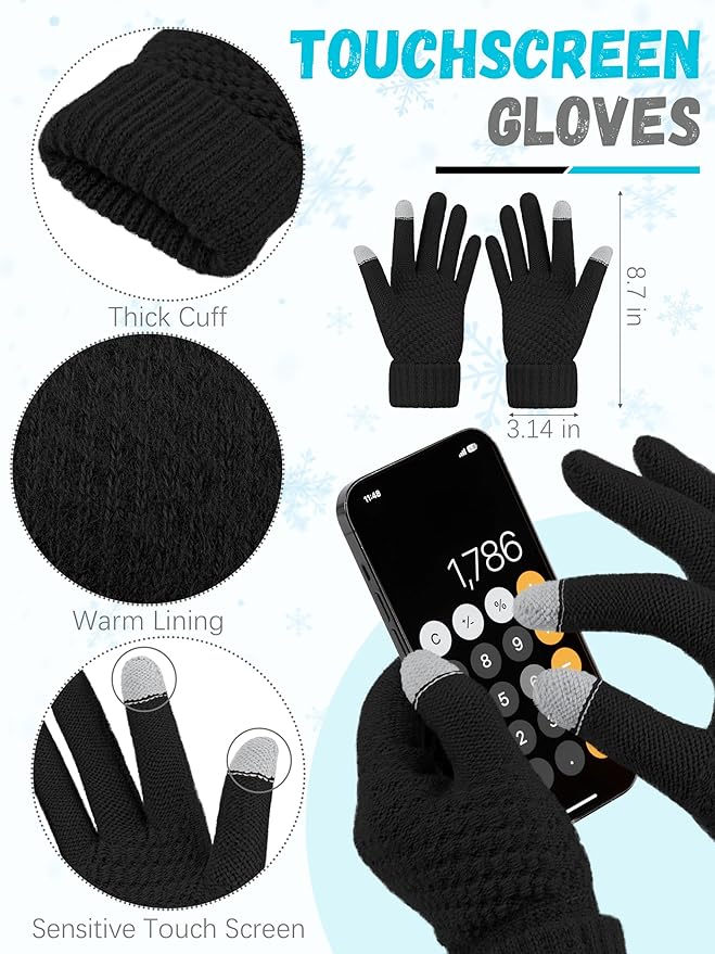 Winter Hat Scarf Gloves and Ear Warmer, Knit Warm Beanie Hat Touch Screen Gloves Long Knitted Plaid Scarf Set Gifts for Women