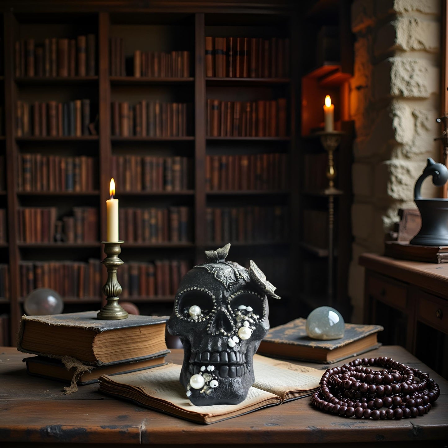LAIKEARTS Resin Skull Head Decor Statue, Life Size Skull Halloween Decoration Home Decor Party Decorations,Skull Collectible Figurines,Adult Head Bone Model,Halloween Statue（Black）