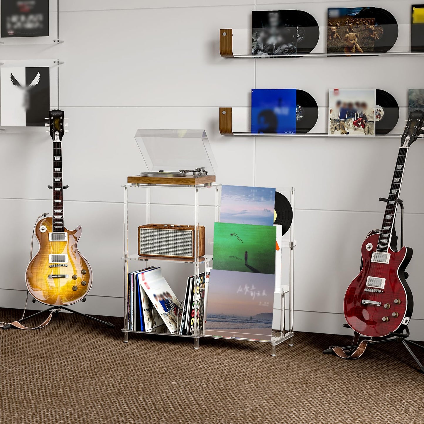 HMYHUM Acrylic Record Player Stand with Vinyl Storage, 3-Tier Table with Record Holder, Holds Up to 200 Albums, with Dividers